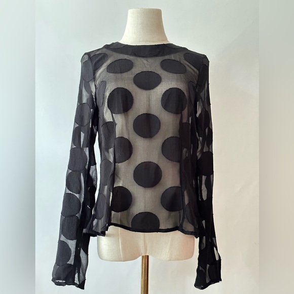 H&M Black Sheer Opaque Large Polka Dot Long Sleeve Blouse With Back Zipper - Picture 3 of 9